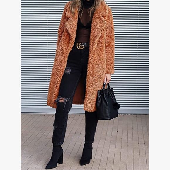 Angashion Fuzzy Fleece Lapel Open Front Long Cardigan Coat - Picture 2 of 16